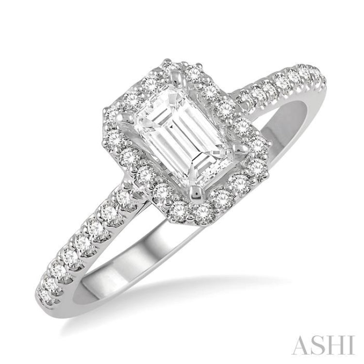 3/8 Ctw Emerald Cut Diamond Ladies Engagement Ring with 1/4 Ct Emerald Cut Center Stone in 14K White Gold