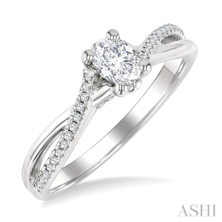 1/6 Ctw Split Crisscross Shank Oval Shape Round Cut Diamond Semi-Mount Engagement Ring in 14K White Gold