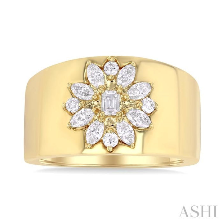 5/8 Ctw Mixed Cut Diamond Floral Centerpiece Bold Gold Wide Band in 14K Yellow Gold