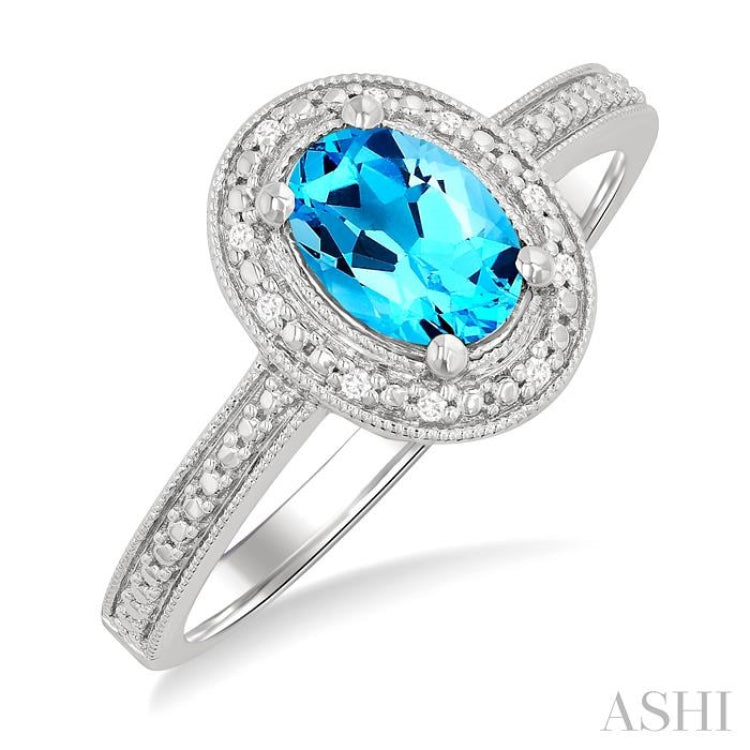 7x5 MM Oval Shape Blue Topaz and 1/50 Ctw Round Cut Diamond Semi-precious Ring in Sterling Silver