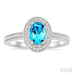 7x5 MM Oval Shape Blue Topaz and 1/50 Ctw Round Cut Diamond Semi-precious Ring in Sterling Silver
