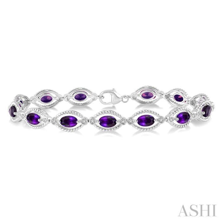 6x4 MM Oval Cut Amethyst and 1/10 Ctw Round Cut Diamond Semi-Precious Bracelet in Sterling Silver