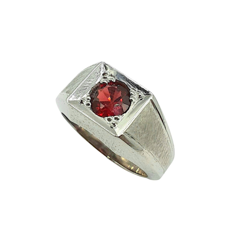 APPRAISED $4200- 18KT White Gold Gentleman's Ring with 1 Round Garnet in a Textured Finish
