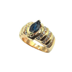 APPRAISED $3200- 14KT Yellow Gold Ring with One Center Stone Marquise Sapphire and Thirty Round Brilliant Diamonds set into Six Vertical Channels