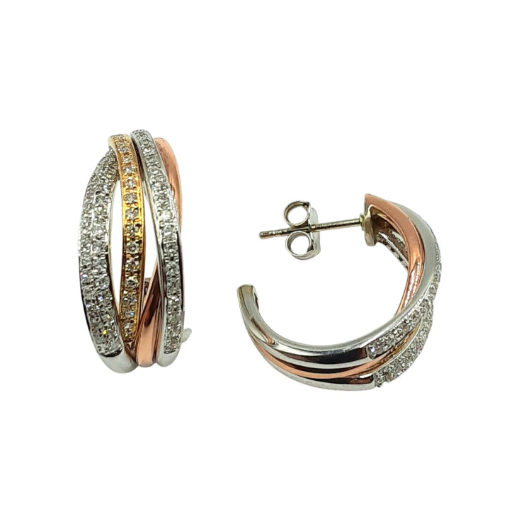APPRAISED $1500- 14KT TRI Gold "J" Shaped Hoops with 3 Rows made up of 122 Single Cut Diamonds 