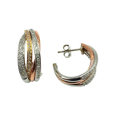 APPRAISED $1500- 14KT TRI Gold "J" Shaped Hoops with 3 Rows made up of 122 Single Cut Diamonds 