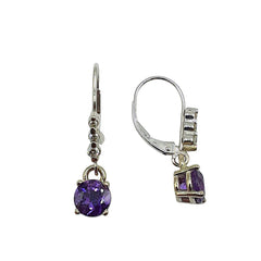 APPRAISED $1000- 14KT White Gold Leverback Dangle Earrings with 2 Round Amethyst (6mm) and 6 Round Brilliant Diamonds