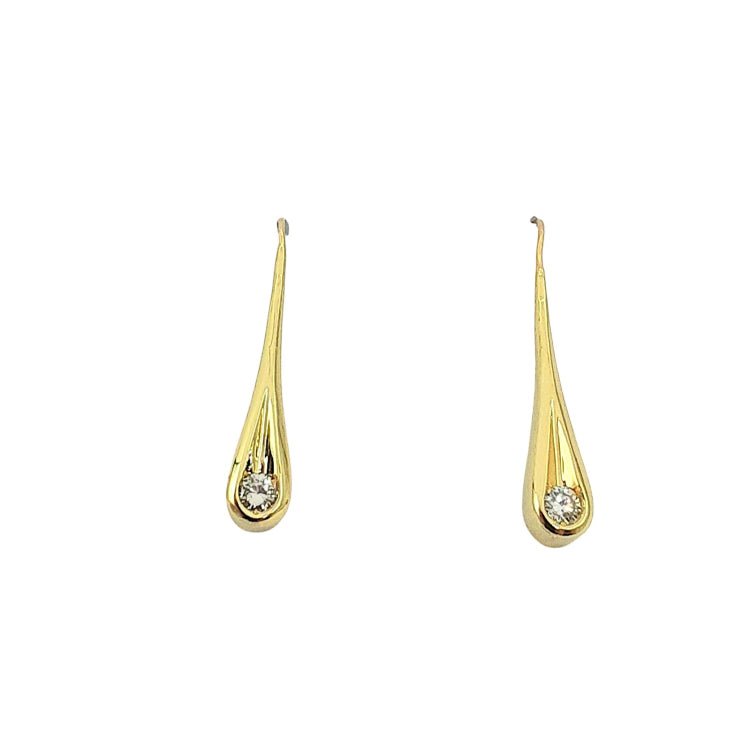 APPRAISED $700- 14KT Yellow Gold Wire Earrings in a Teardrop Design with 2 Diamonds