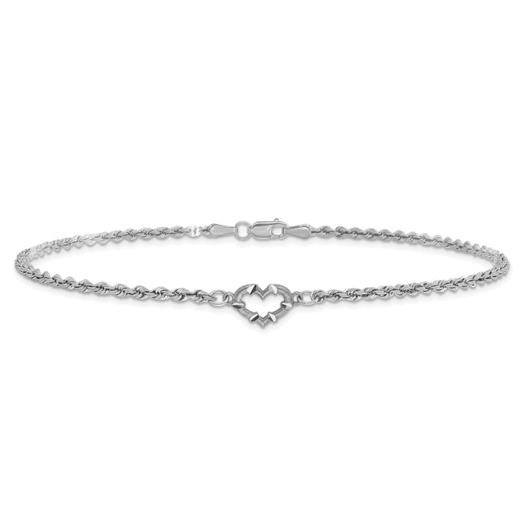 14k White Gold Diamond-cut Open Heart and Rope Chain 10 inch Anklet