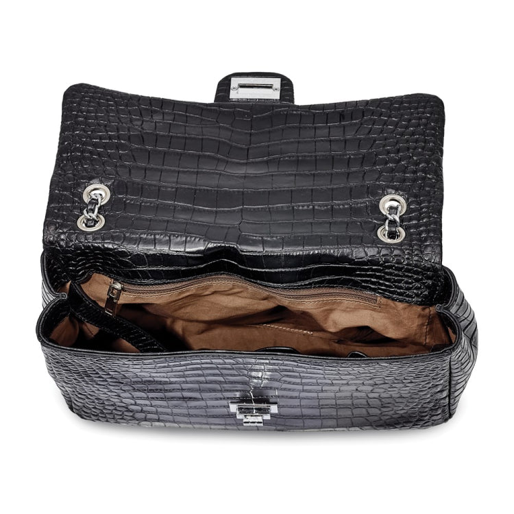 Luxury Giftware by Jere Top Grain Leather Croc Texture Black Chain Strap Handbag with Zip Pocket, 2 Slip Pockets, and Key Fob