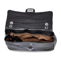 Luxury Giftware by Jere Top Grain Leather Croc Texture Black Chain Strap Handbag with Zip Pocket, 2 Slip Pockets, and Key Fob
