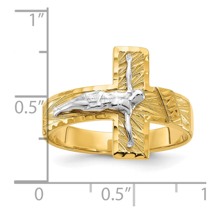 14k Two-tone Mens Polished and Diamond-Cut Crucifix Ring