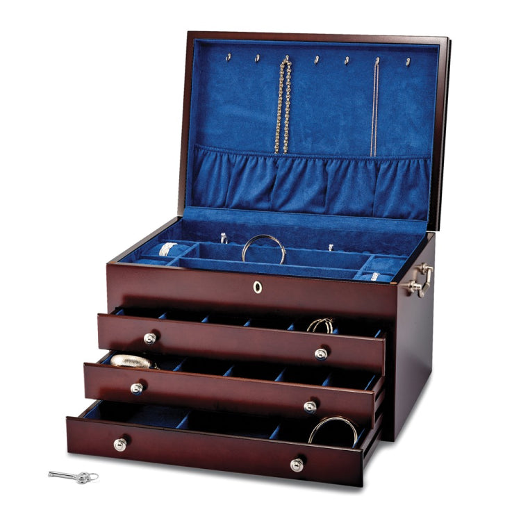 Luxury Giftware Matte Cherry Finish Poplar Veneer Large 3-drawer Locking Wooden Jewelry Chest