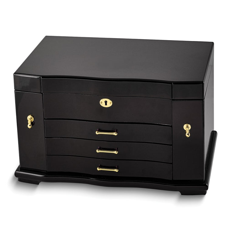 Luxury Giftware High Gloss Walnut Burl Veneer 3-drawer with Swing-out Sides Locking Wooden Jewelry Box