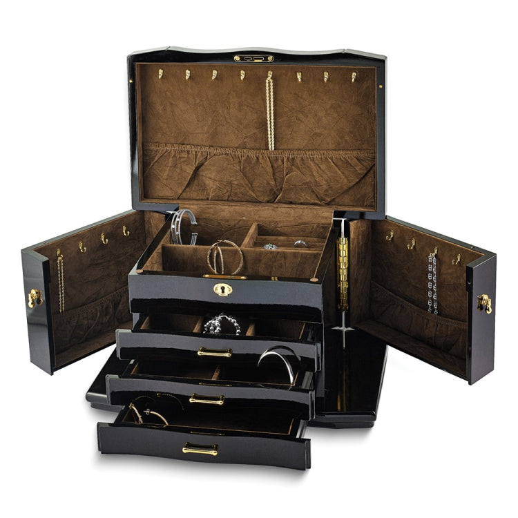 Luxury Giftware High Gloss Walnut Burl Veneer 3-drawer with Swing-out Sides Locking Wooden Jewelry Box