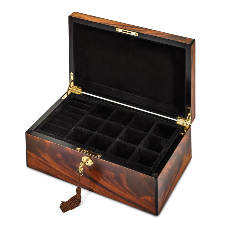Luxury Giftware by Jere Matte Finish Tiger Wood Veneer with Inlay Design Locking Wooden Jewelry Box