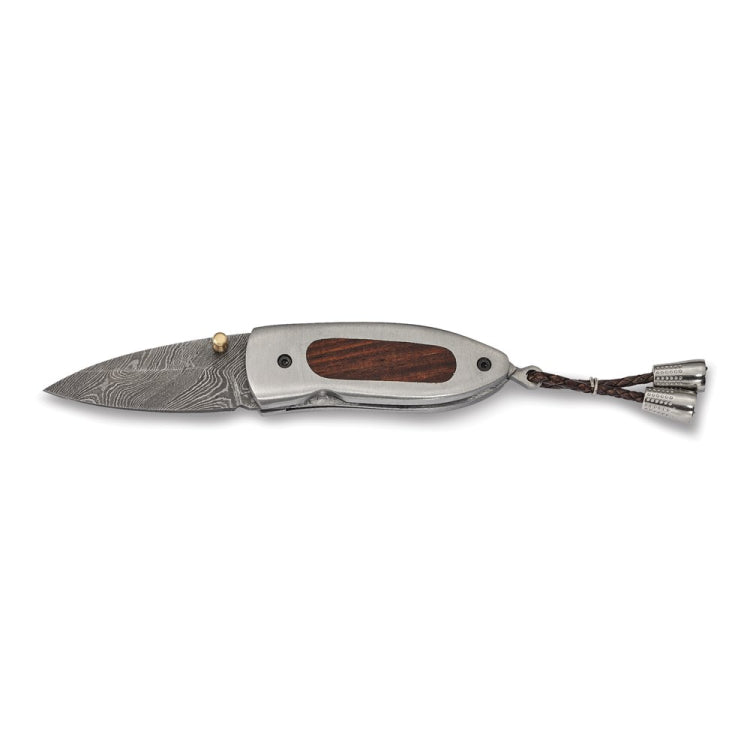 Luxury Giftware Damascus Steel 256 Layer Folding Blade Tali Wood Inlay Steel Handle Knife with Leather Sheath and Wooden Gift Box