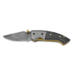 Luxury Giftware Damascus Steel 256 Layer Folding Blade Steel Guard Buffalo Horn Handle Knife with Leather Sheath and Wooden Gift Box