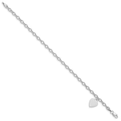 14k White Gold Engravable 14x10mm Solid Dangle Heart Charm and Hollow Chain 8.5 inch Bracelet