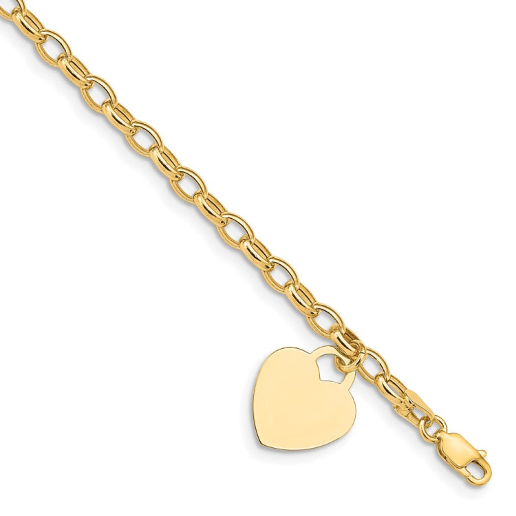 14k Engravable 19x15mm Solid Dangle Heart Charm and Hollow Chain 7.5 inch Bracelet