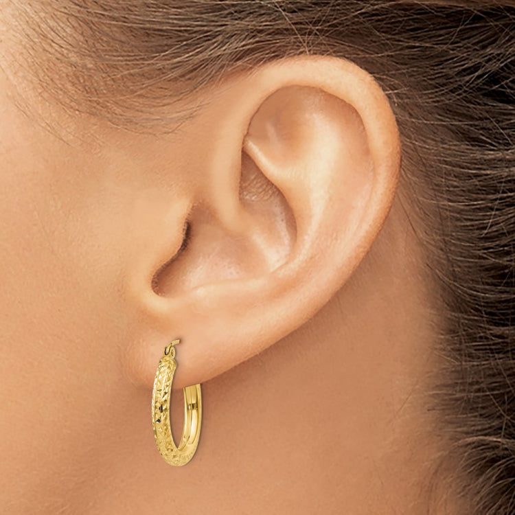 14k 3x20mm Diamond-cut Round Tube Hoop Earrings
