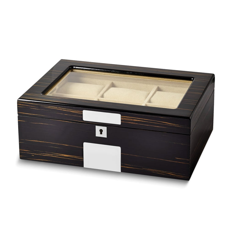 Luxury Giftware by Jere High Gloss Ebony Veneer Beveled Glass Lid Locking Wooden 6-Watch and Jewelry Box