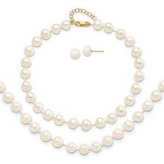 14k 6-7mm White Round Freshwater Cultured Pearl 7.25 inch with 1 Extender Bracelet/18 inch with 2 inch Extender Necklace/Button Earrings Set