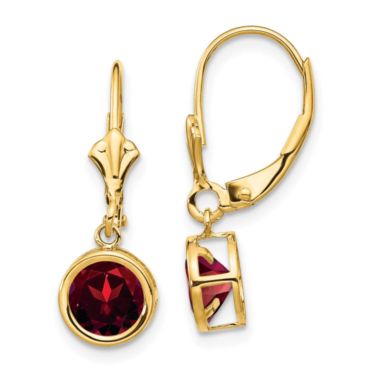 14k 6mm Round Garnet Bezel Leverback Dangle Earrings