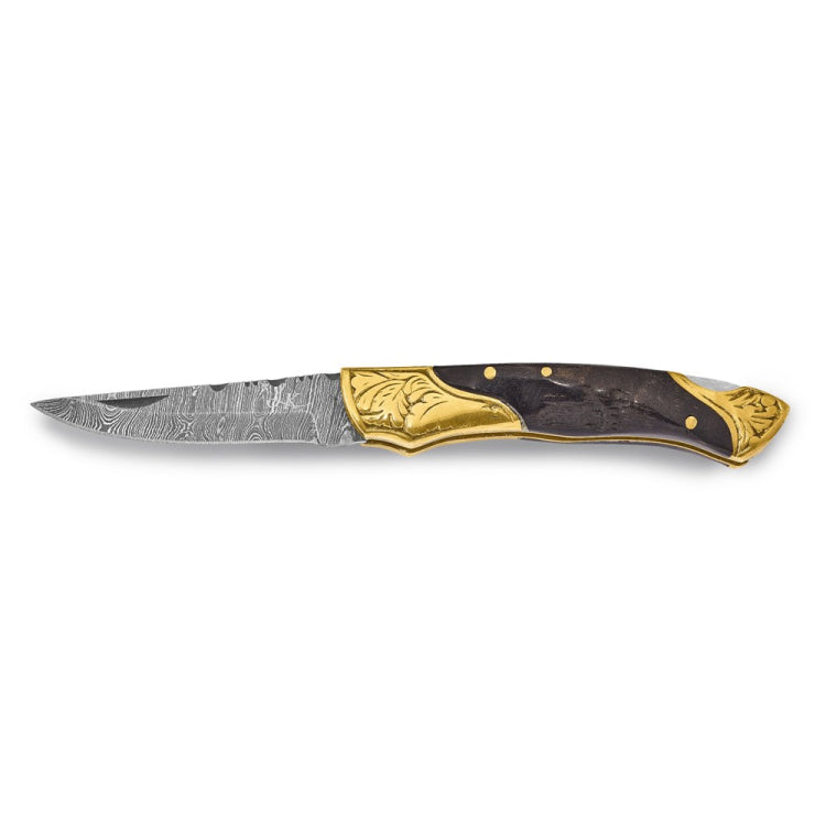 Luxury Giftware Damascus Steel 256 Layer Folding Blade Brass Guard Ram Horn Handle Knife with Leather Sheath and Wooden Gift Box