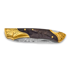Luxury Giftware Damascus Steel 256 Layer Folding Blade Brass Guard Ram Horn Handle Knife with Leather Sheath and Wooden Gift Box