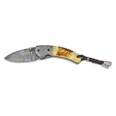 Luxury Giftware Damascus Steel 256 Layer Folding Blade Tinted Camel Bone Handle Knife with Leather Sheath and Wooden Gift Box