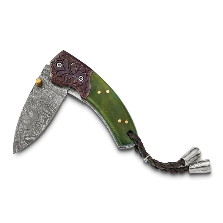 Luxury Giftware Damascus Steel 256 Layer Folding Blade Tinted Camel Bone Handle Knife with Leather Sheath and Wooden Gift Box