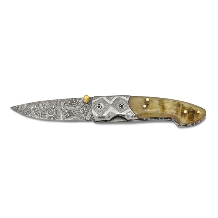 Luxury Giftware Damascus Steel 256 Layer Ram Horn Handle Folding Blade Knife with Leather Sheath and Wooden Gift Box