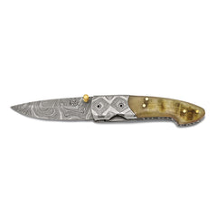 Luxury Giftware Damascus Steel 256 Layer Ram Horn Handle Folding Blade Knife with Leather Sheath and Wooden Gift Box