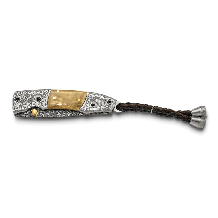 Luxury Giftware Limited Edition Damascus Steel 256 Layer Woolly Mammoth Tusk Ivory Handle Folding Knife with Leather Sheath and Wooden Gift Box