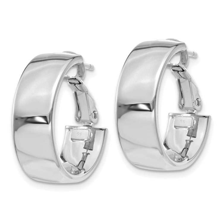 14k White Gold 6.75x19mm Polished Flat Tube Omega Back Hoop Earrings
