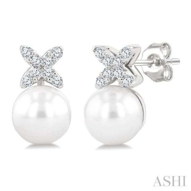 6 MM Cultured Pearl and 1/10 Ctw Round Cut Diamond Floral Fashion Earrings in 14K White Gold