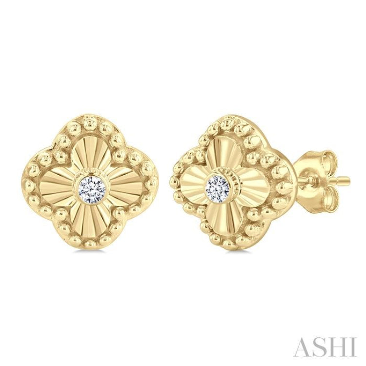 1/20 Ctw Fluted Texture Clover Bead Round Cut Diamond Bezel Set Fashion Earrings in 10K Yellow Gold