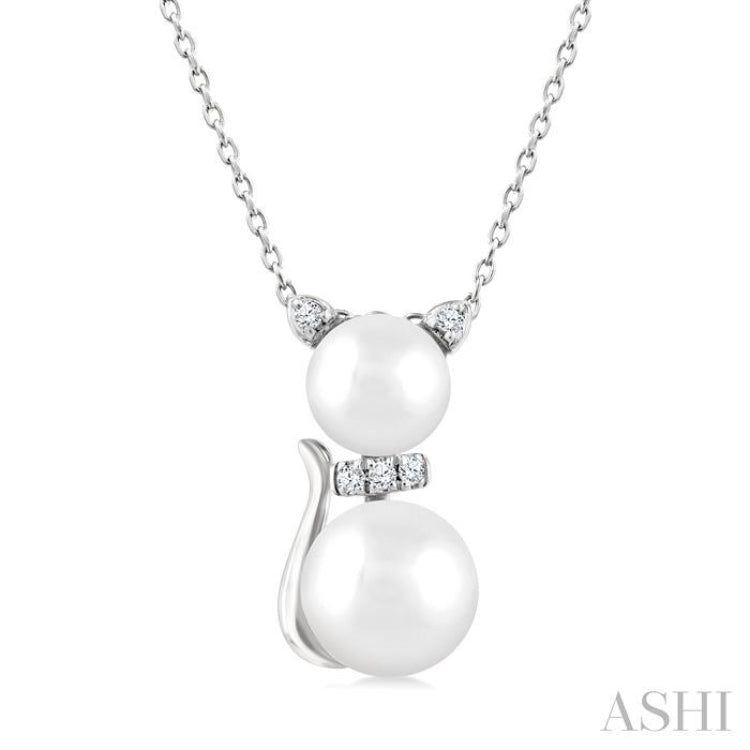 6&7 MM Round Shape Cultured Pearl and 1/20 Ctw Cat Shape Petite Single Cut Diamond Fashion Pendant With Chain in 10K White Gold