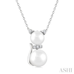 6&7 MM Round Shape Cultured Pearl and 1/20 Ctw Cat Shape Petite Single Cut Diamond Fashion Pendant With Chain in 10K White Gold