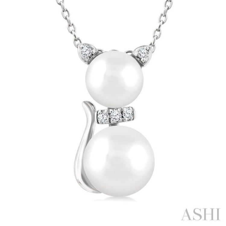 6&7 MM Round Shape Cultured Pearl and 1/20 Ctw Cat Shape Petite Single Cut Diamond Fashion Pendant With Chain in 10K White Gold