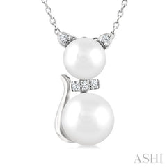 6&7 MM Round Shape Cultured Pearl and 1/20 Ctw Cat Shape Petite Single Cut Diamond Fashion Pendant With Chain in 10K White Gold