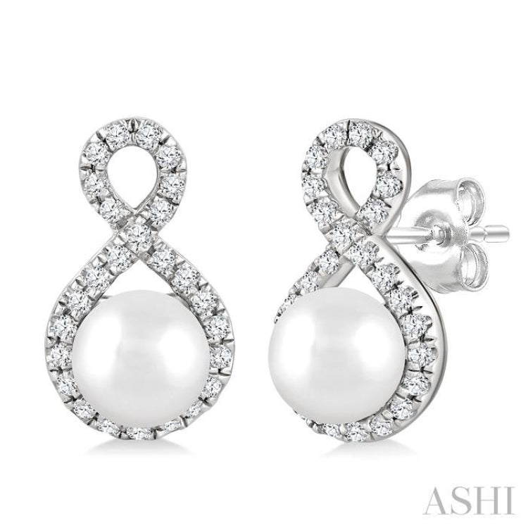 5 MM Cultured Pearls and 1/5 Ctw Single Cut Diamond Petite Earrings 10K White Gold