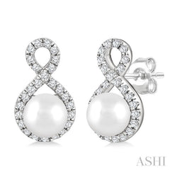 5 MM Cultured Pearls and 1/5 Ctw Single Cut Diamond Petite Earrings 10K White Gold