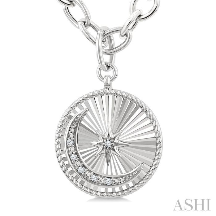 1/20 Ctw Circle Fluted Medallion Single Cut Diamond Moon & Star Fashion Pendant With Chain in Sterling Silver