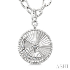 1/20 Ctw Circle Fluted Medallion Single Cut Diamond Moon & Star Fashion Pendant With Chain in Sterling Silver