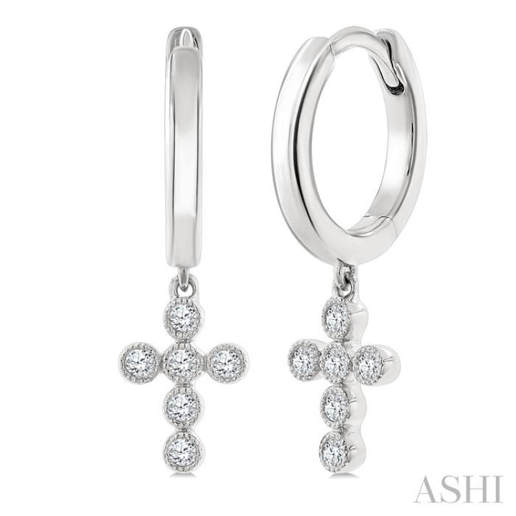 1/10 Ctw Single Cut Diamond Cross Petite Huggie Earrings in 10K White Gold