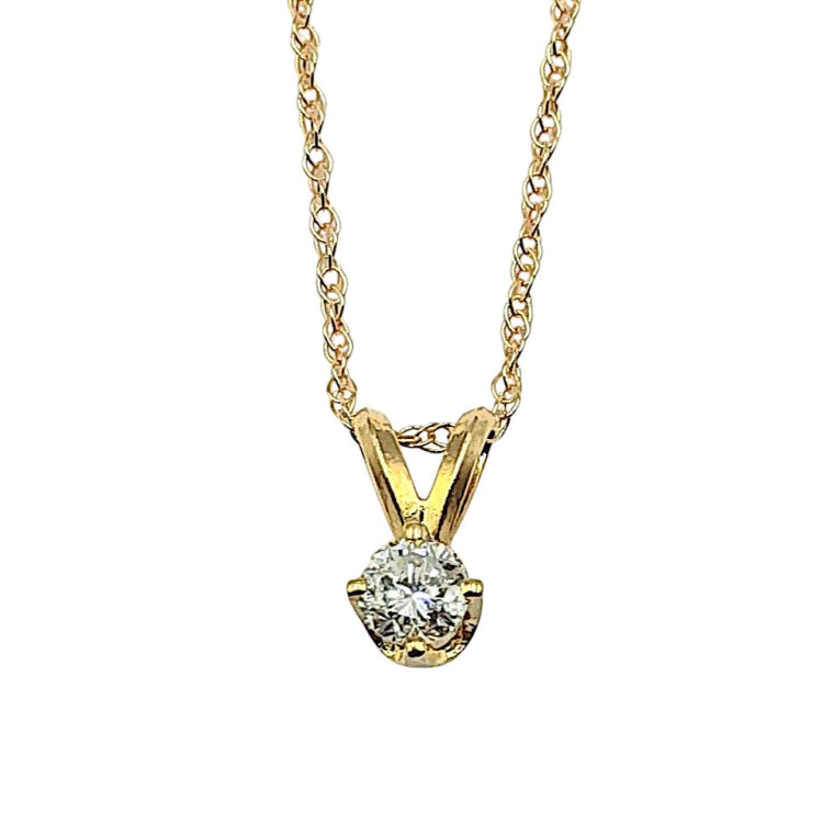 APPRAISED $550- 14KT Yellow Gold Pendant with One Prong Set Round Brilliant Diamond -EST-.23CT (3.88x2.59)
Color: IJ
Clarity: I1