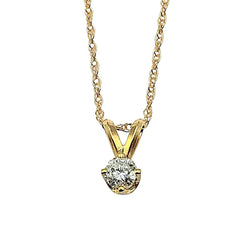 APPRAISED $550- 14KT Yellow Gold Pendant with One Prong Set Round Brilliant Diamond -EST-.23CT (3.88x2.59)
Color: IJ
Clarity: I1