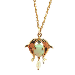 APPRAISED $1300- 14KT Yellow Gold Dolphin Pendant with 1 Oval Opal Tablet (10x8) with 1 Round Brilliant Diamond on Each Side          -T-.04ct and 1 Freshwater Pearl Dangling